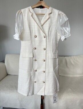 Tweed Double-Breasted Jacket Dress Sheer Puff Sleeves White & Gold Pastel Sandro